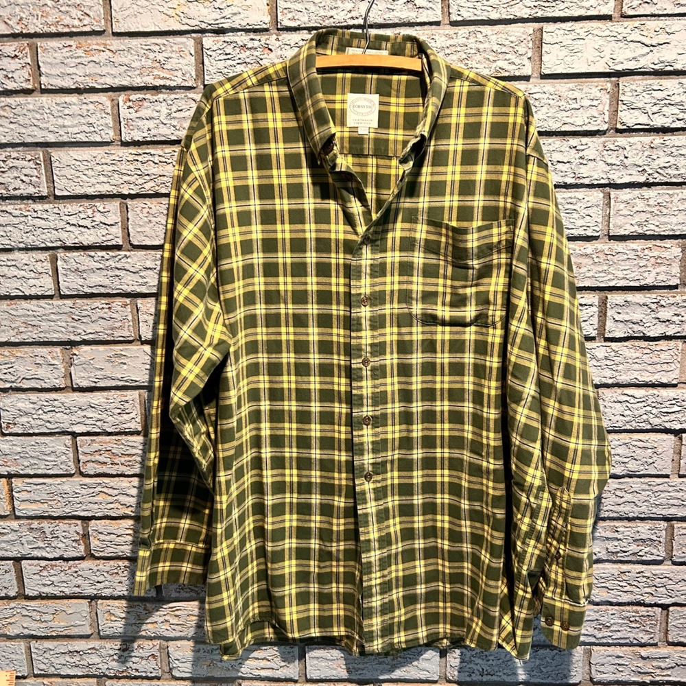 Forsyth of Canada Mens XL Plaid Button Down Shirt Olive Green Yellow Cotton